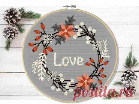 Christmas Love Wreath Modern Cross Stitch Pattern, Floral Easy Cross F5A