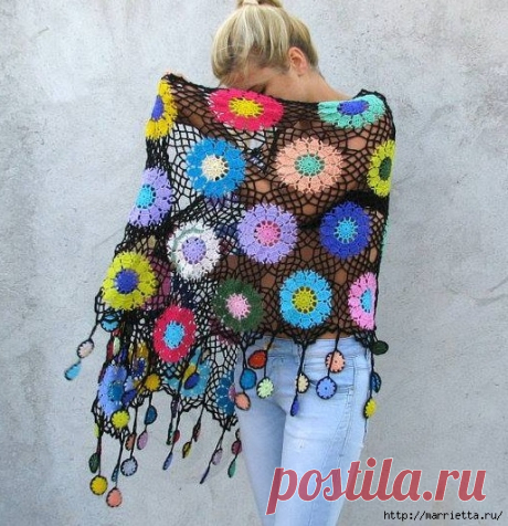 Шаль крючком из больших круглых мотивов