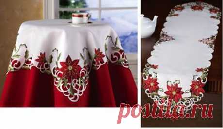 Embroidered Holiday Poinsettia Table Linens