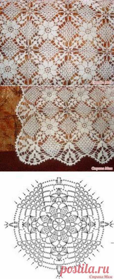 Crochet lace tablecloth square with flower and diamonds motif. Many beautiful filet crochet valances, curtains, doilies etc. in this page