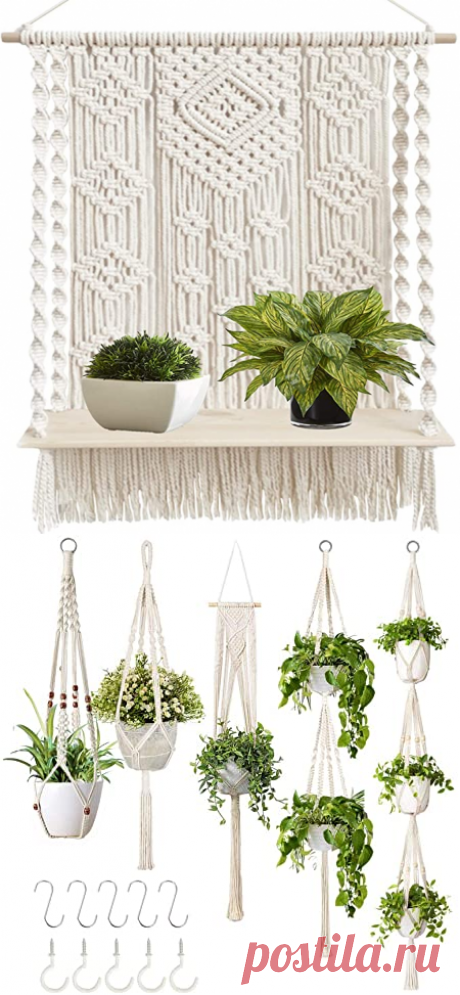 Amazon.com: Macrame Wall Hanging Plant Decor Shelf Indoor Outdoor Floating Wood shelve Decorative Hand Made Rope Boho Shelving for Plants: Kitchen & Dining