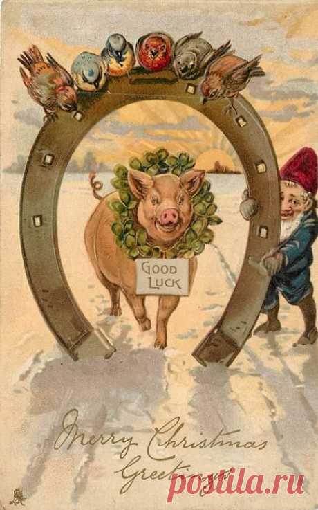MERRY CHRISTMAS GREETINGS horseshoe frames pig wearing GOOD LUCK sign, dwarf right, birds above