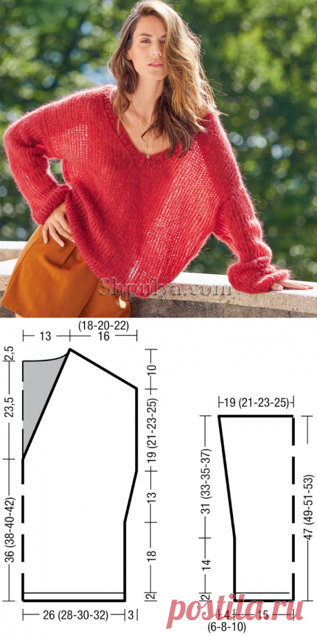 Свободный пуловер их мохера красного цвета — Shpulya.com - схемы с описанием для вязания спицами и крючком