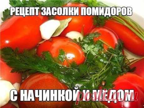 РЕЦЕПТ ЗАСОЛКИ ПОМИДОРОВ С НАЧИНКОЙ И МЕДОМ.
Приготовленные по этому рецепту помидоры получаются очень ароматными, пикантными, и понравятся всем, кто любит чеснок.

Понадобится: помидоры целые спелые, петрушка, чеснок, маринад – на 1л воды 2 ст.л.соли без горки и 1,5 ст.л. меда.

Как засолить помидоры с начинкой и медом. Чеснок очистить и измельчить, помидоры промыть, вырезать ножом плодоножку, доходя до середины помидоров. Начинить получившиеся отверстия (где были плодоно...