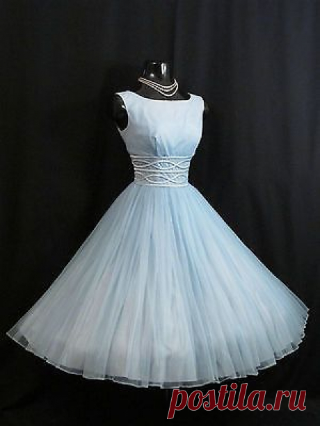 Vintage 1950's 50s Blue Chiffon Organza Satin Ribbon Party Prom Wedding Dress