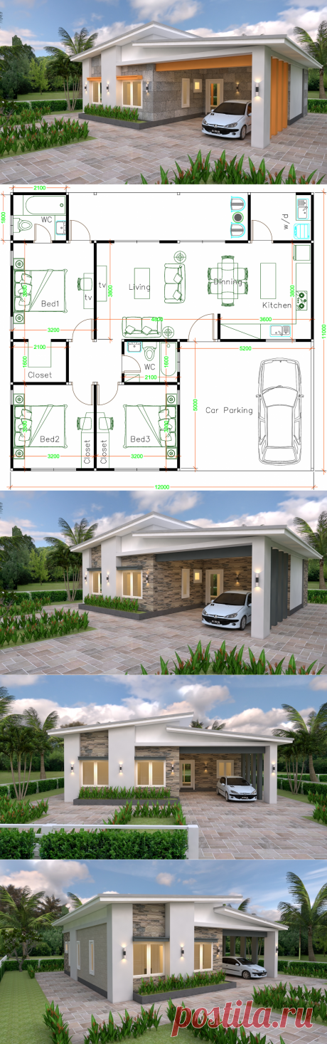 House Plans 12x11 with 3 Bedrooms Shed Roof - House Plans 3D