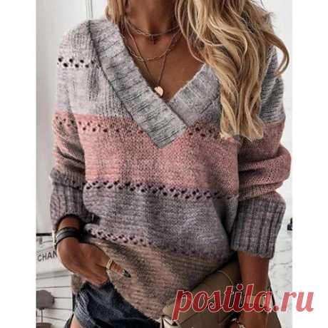 Women's Pullover Sweater jumper Jumper Crochet Knit Cropped Knitted Hole Color Block V Neck Casual Daily Holiday Winter Fall Purple S M L / Long Sleeve / Regular Fit
