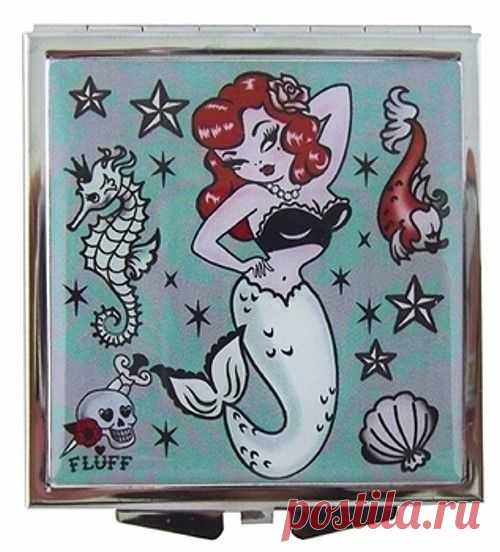 Molly Mermaid Compact Mirror Tattoo Retro RockaBilly Pinup Girl Seahorse Pirate