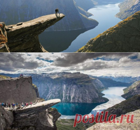.Язык Тролля, Норвегия.Trolltunga, или Язык Тролля — это необычный каменный выступ на высоте 350 метров на горе Скьеггедаль. Почему язык? И почему тролля? Как
гласит старинная норвежская легенда, в тех краях жил тролль, который постоянно испытывал судьбу: нырял в глубокие омуты, прыгал через пропасти.Однажды он решил проверить, правда ли то, что лучи солнца смертельно опасны для троллей. На рассвете он высунул язык из своей пещеры и…окаменел навеки. Скала как магнит притяг...