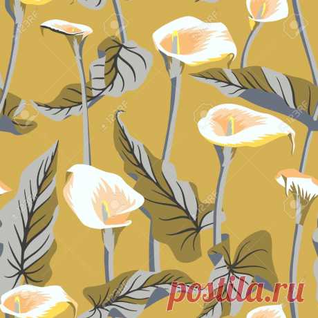Vector Floral Seamless Pattern With Exotic Calla Flowers. Anthurium Or Flamingo Flowers. Hawaiian, Jungle Plant Pattern. Summer Floral Elements. Botanical Illustration For Textile, Fabric And Wrapping Ilustraciones Vectoriales, Clip Art Vectorizado Libre De Derechos. Image 157066850.