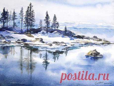 Урок рисования акварелью "Зимний пейзаж" Урок рисования акварелью "Зимний пейзаж"Эта картина проста в исполнении, хоть и будет казаться, что сделана рукою мастера.