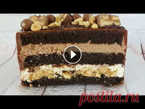 Торт "Сникерс" - нереально вкусный!!! Шоколадные коржи, крем-чиз, арахис в карамели, шоколадный мусс - изумительное сочетание! Бисквит(на форму 14 см): Масло растительное - 50 мл Сахар - 1...