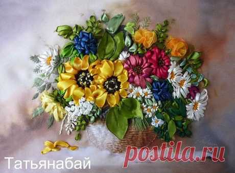 Объёмный возвратный стежок (бэкститч) в вышивке лентами