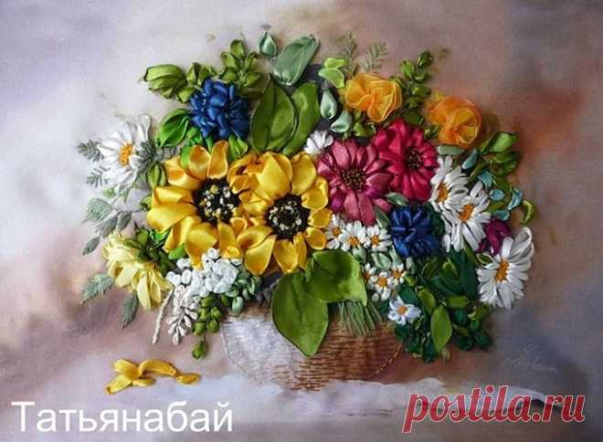 Объёмный возвратный стежок (бэкститч) в вышивке лентами