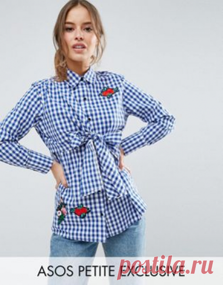 ASOS PETITE Gingham Shirt With Bow Front And Badges at asos.com Discover Fashion Online