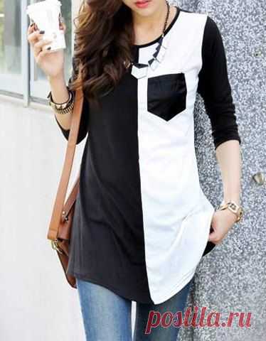 Casual Women's Scoop Neck Color Block 3/4 Sleeve T-Shirt (BLACK,L) | Sammydress.com