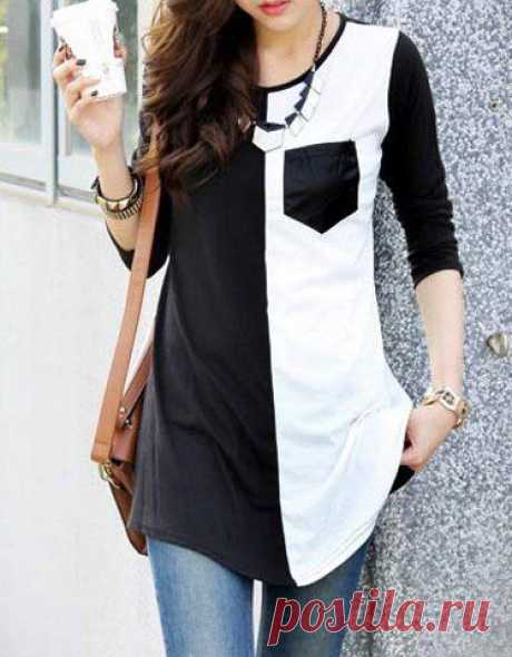 Casual Women's Scoop Neck Color Block 3/4 Sleeve T-Shirt (BLACK,L) | Sammydress.com