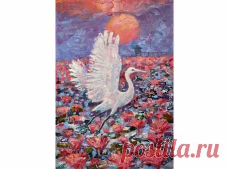 Heron Painting Thailand Original Art Red Lotus Artwork Bird | Etsy HAND ORIGINAL painting small oil impasto artwork by Natalia Savenkova.  *Title: Heron Lake Thailand Size: 11,5 x 8 inches (29,2 x 20,3cm). Medium: hardboard, oil paints. Style: Modern, Impressionist, Impasto. Need a decorative frame.  Small beautiful painting for home and office decor, the perfect
