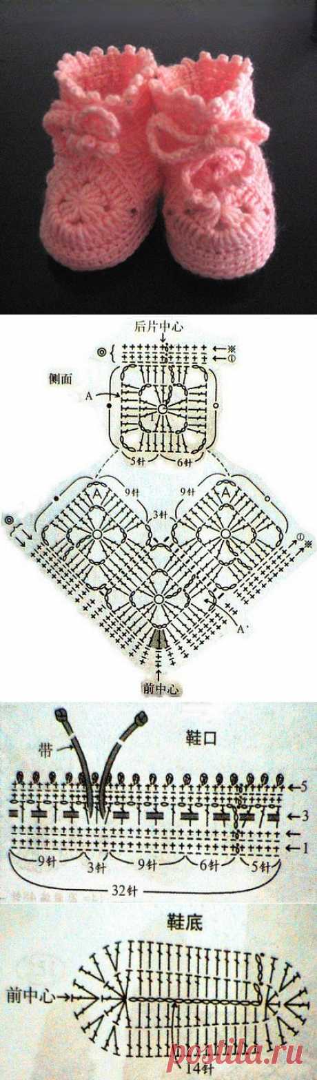 Связать крючком ботинки для младенца