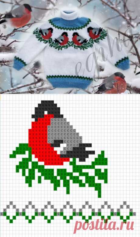 Два детских свитера спицами на новогоднюю тему: &quot;Снегири на снегу&quot; и традиционный жаккард