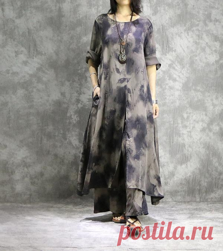 Vintage Print Loose Spring Suit Women Gray Two Piece Casual Top With W | FantasyLinen