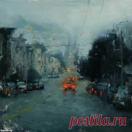 Дождь в картинах, картины дождя в городе современных художников, романтичные картины влюбленных под дождем