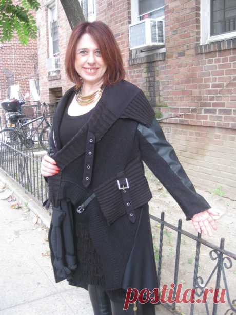 UPCYCLED  LAGENLOOK/ Steampunk  long black coat This coat is fantabulous! It is upcycled, made with soft jersey fabric, faux leather, knitted fabric, it is asymmetrical; a lot of details and decorations-check the picture. It looks stunning on any figure and body shape. A must have piece in lagenlook or steampunk wardrobe. Very stylish and unique- I never replicate design! Size fro Small to XX-Large. Bust is up to 56 inches as it has no front button closures, Sleeves length...