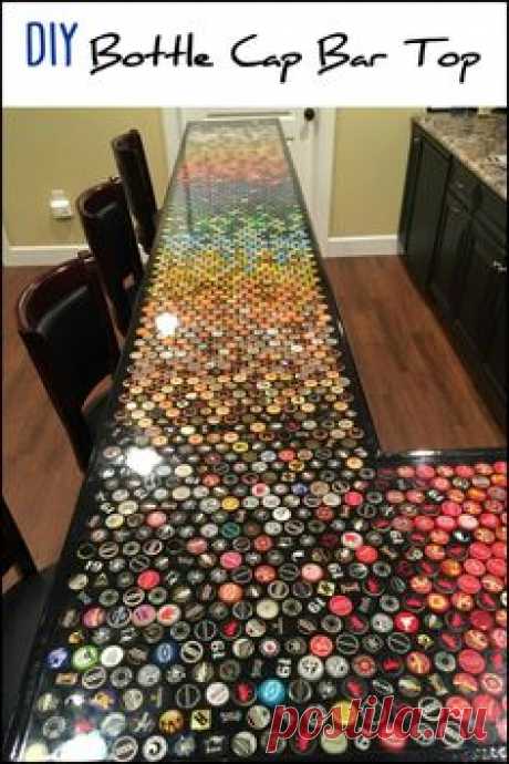 Five Years Worth of Bottle Cap Collection Turned into an Awesome Countertop! #diy_bar_basement