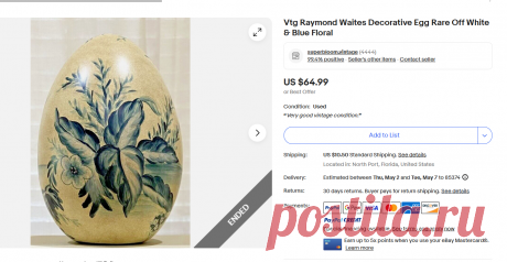 Vtg Raymond Waites Decorative Egg Rare Off White & Blue Floral | eBay