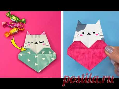 Оригами КОТИК В СЕРДЕЧКЕ с кармашком | Поделки из бумаги на День Валентина