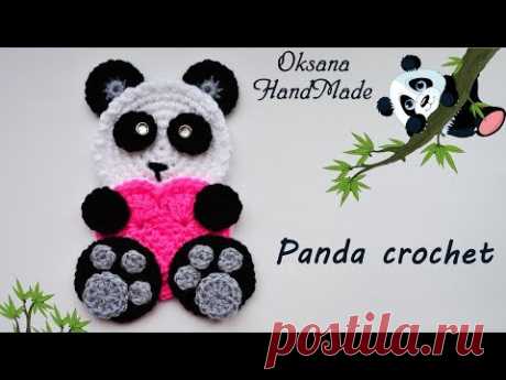 Аппликация крючком Панда с сердечком. Мастер класс и схема. Panda crochet with heart