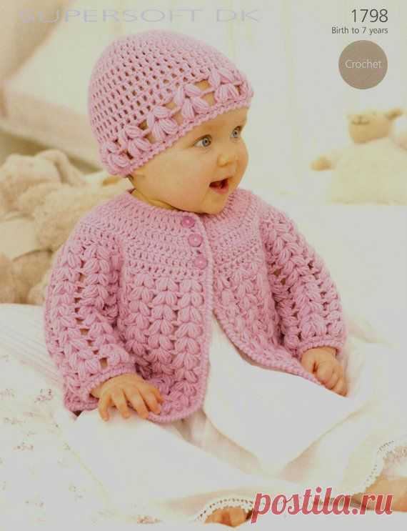 Crochet Baby Cardigan and Hat Vintage Pattern Size newborn to 6 years Angel Sweater Lace matinee jacket jumper puffy lace pdf download