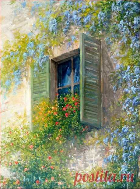 Bloomed Wood Window - Italy by Antonietta Varallo Bloomed Wood Window - Italy Painting by Antonietta Varallo
