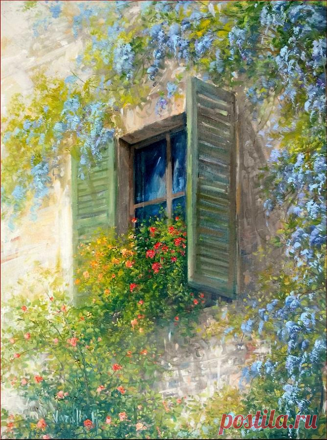 Bloomed Wood Window - Italy by Antonietta Varallo Bloomed Wood Window - Italy Painting by Antonietta Varallo