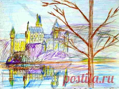 На втором рисунке — отражение замка Хогвартс в воде Чёрного озера.