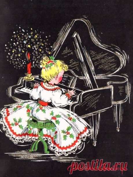 Vtg Xmas Card BLONDE GIRL in HOLLY DRESS PLAYS GRAND PIANO Mid Century Greeting