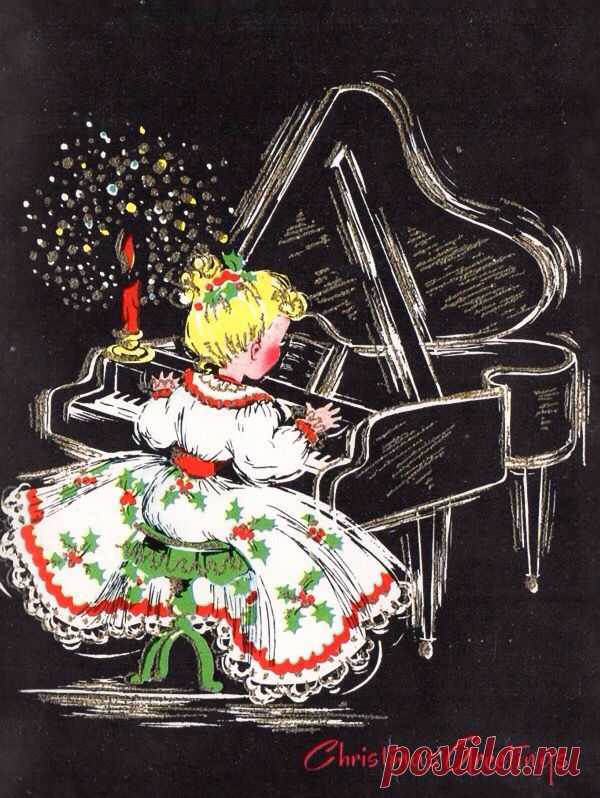 Vtg Xmas Card BLONDE GIRL in HOLLY DRESS PLAYS GRAND PIANO Mid Century Greeting