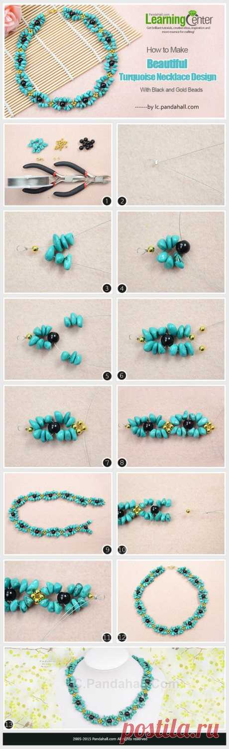 How to Make Beautiful Turquoise Necklace Design with Black and Gold Beads | Идеи для дома