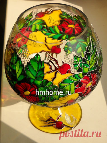 Витражная роспись подсвечника - мастер-класс | Домашний hand-made Подсвечник выполнен в технике витражная роспись и с тем же рисунком, что и зеркало. Ведь подсвечник планируется разместить на комоде возле зеркала. Материалы использовала те же, что и для зеркала. …