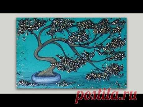 Golden Bonsai Tree Acrylic Painting with Texture