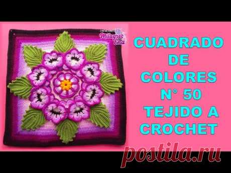 Como tejer el Cuadrado o muestra de colores N° 50 a crochet para colchas y cojines paso a paso