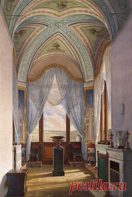 Interiors of the Winter Palace. The Room with a Bay Window - Edward Petrovich Hau - Drawings, Prints and Painting from Hermitage Museum | brunhild110 приколол(а) это к доске Interior painting