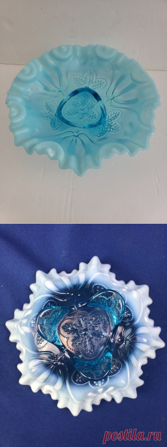 Vintage Jefferson Ruffled Blue Opalescent Glass Footed Bowl | Etsy