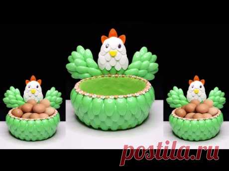 Membuat wadah serbaguna bentuk ayam dari botol dan sendok plastik ! Tempat telur bentuk ayam