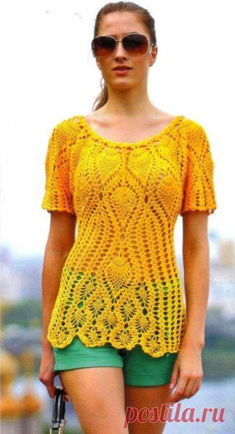 Непревзойденный желтый пуловер крючком с шикарным узором “ананас” - Топ.Майка