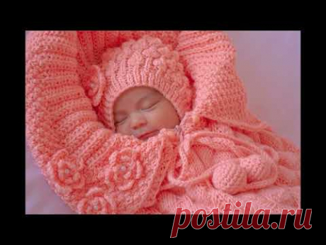 Вязанный комплект  для новорожденного. Конверт на выписку,шапочка,пинетки  Нежность Конверт кокон