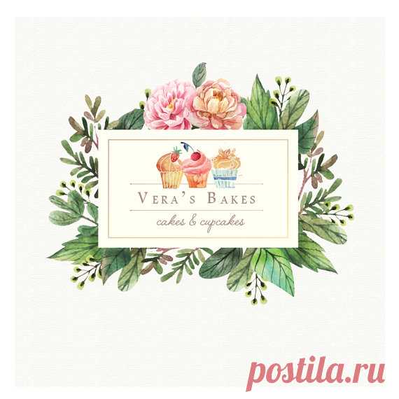 Pre-made Logo Design - Bakery Pastry Cakes Cupckes Vintage, watercolor & floral styled logo design suitable for a bakery or pastry shop, cake&cupcake bakers and designers.  The listing includes the shown design on the preview in the following formats:  EPS - preferred format for a logo design {editable in Adobe Illustrator}; PNG - with transparent background {the design only, without the sample text, to be used as a watermark}.  If you would consider us to customize the se...