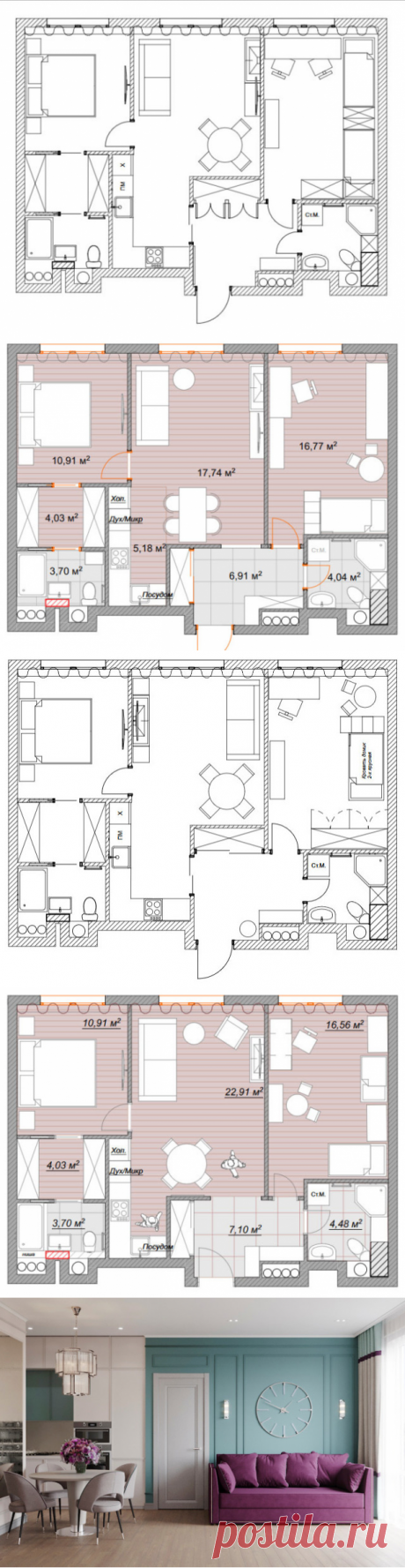 Поиск планировки: 3 плана + финал для семейной «евродвушки» | Houzz Россия