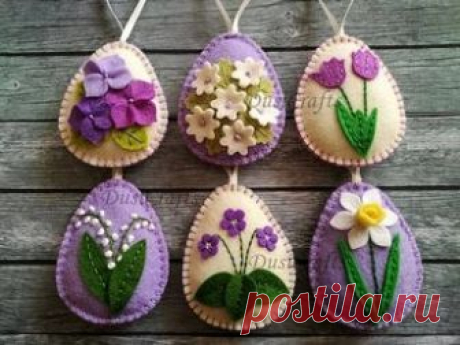Felt easter decoration - purple felt eggs with spring flowers including lily of the valley flowers, violet flowers, tulips, daffodils and hydrangea flowers. Listing is for 6 ornaments: - Lily of the valley on lavender lilac background - Daffodil on lavender lilac background - Tiny flowers