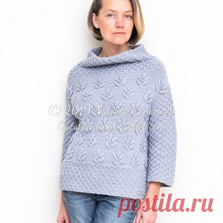 Tara Sweater crochet pattern.
Swipe through images. I made the prototype with cotton blend in Sport weight (Premier Yarns Cotton Fair), but it can be made as a winter sweater with wool yarn as well. 
Made in overlay crochet technique. 
Pattern is via link in profile.
I am back from a vacation! It was a shock coming from Miami to Pennsylvania 😭❄️🥶. #outstandingcrochet #crochetpattern #crochetsweater #crochetpullover #crochetjumper #overlaycrochet
